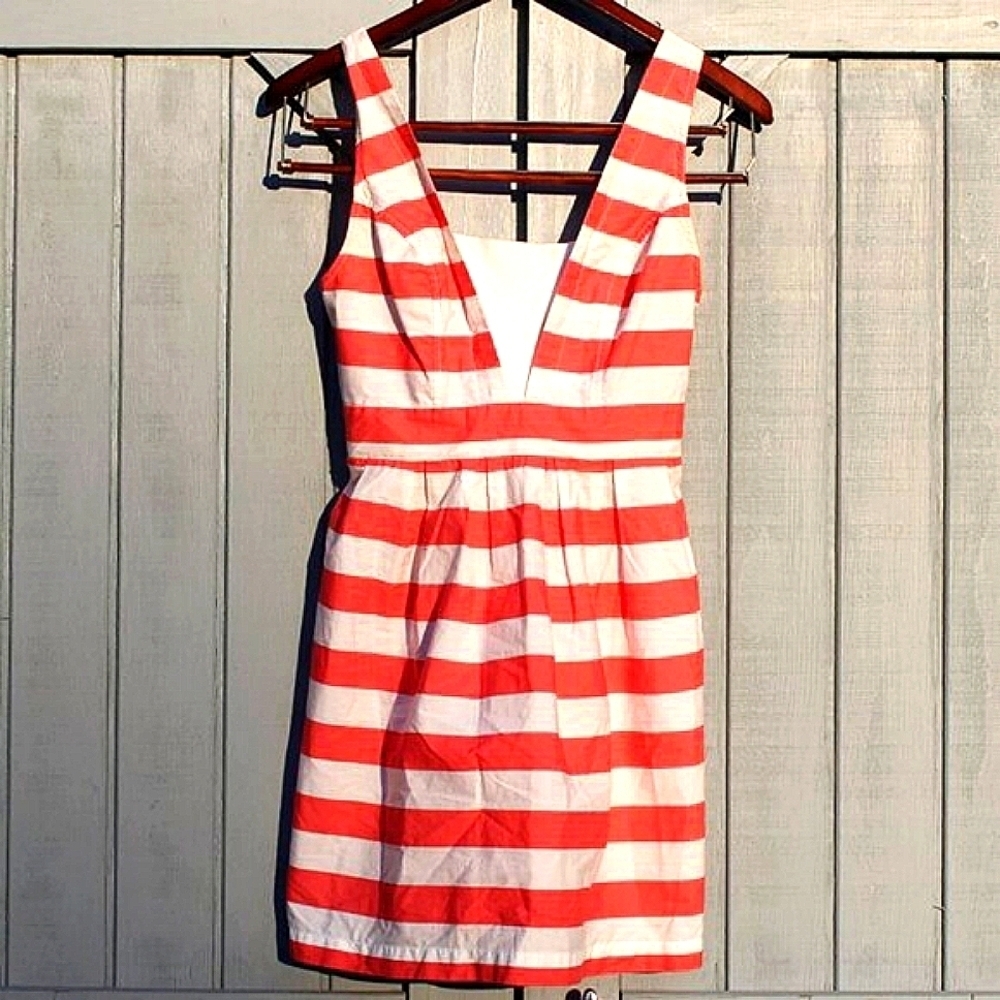 Red Camel Striped Cotton Sundress M | Pink & White Sleeveless V-Neck